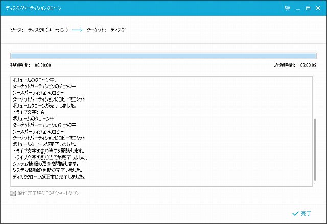 EaseUS Todo Backup Free 10.0 クローン処理完了画面